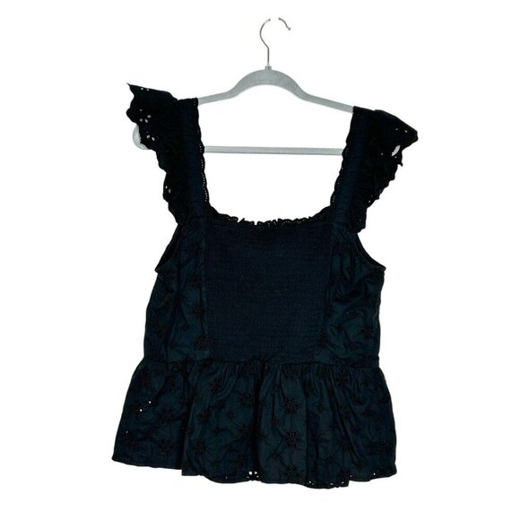 Gap Eyelet Flutter Sleeve Tank Top Women’s Sz L Black Buttons Cottagecore - Picture 2 of 7